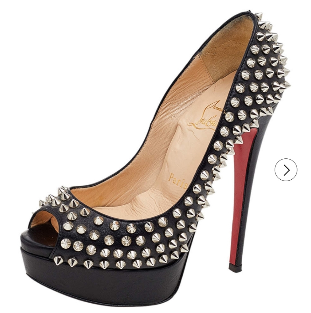 Christian Louboutin Black Leather Lady Peep Toe Spikes Platform Pumps Size 11